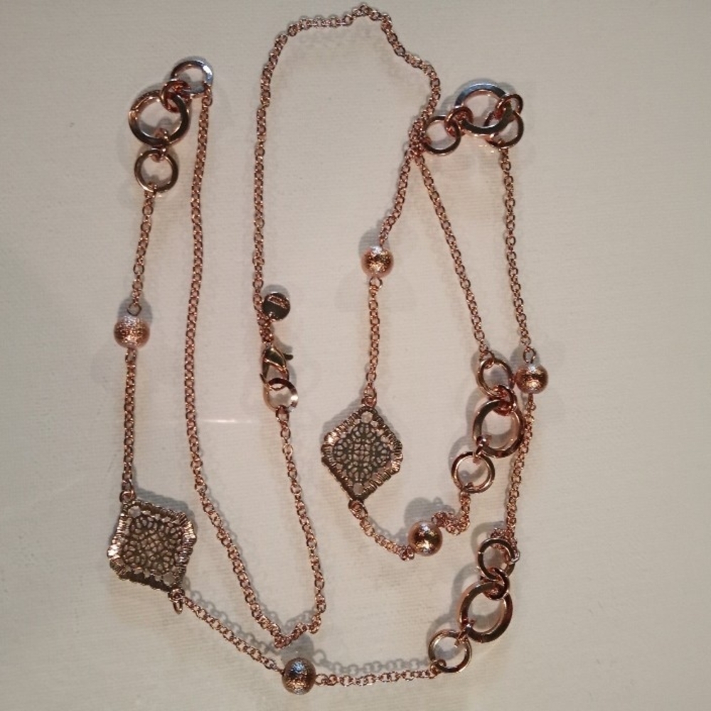 Unique Pink Rose Coppertone Goldtone Multi-Link X Long 39" Necklace Minimalist